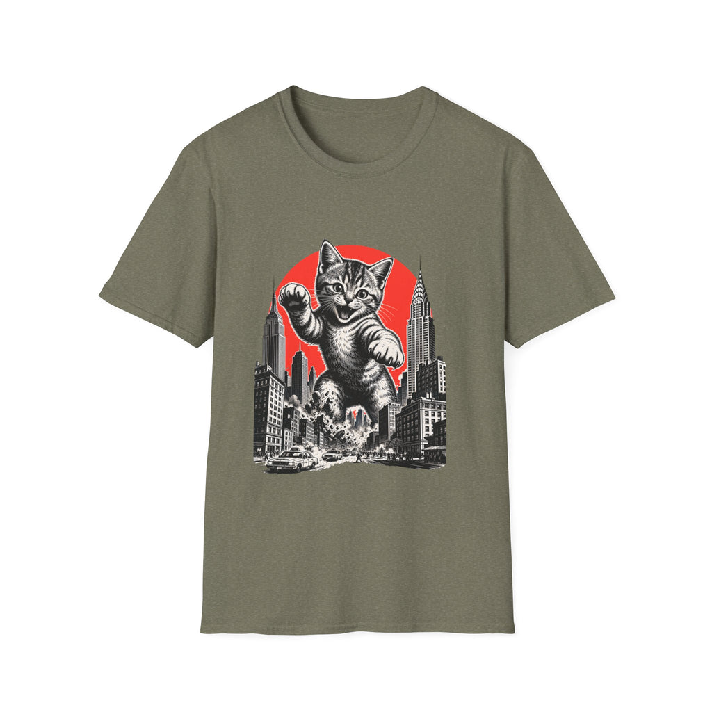 Giant Kitten Cityscape T-Shirt | Retro Red Sun Cat Tee