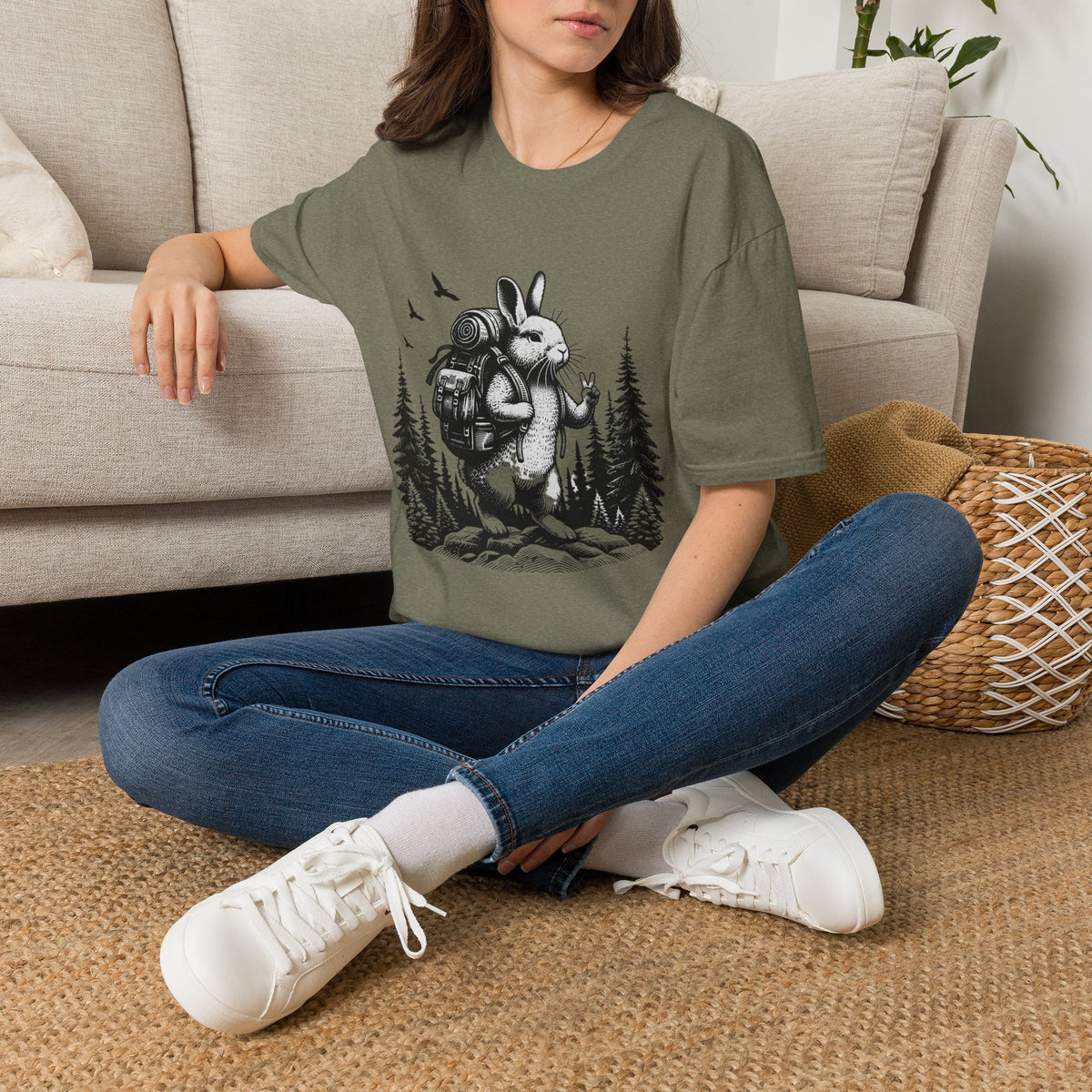 Backpacking Bunny T-Shirt | Hiking Rabbit Illustration, Forest Adventure