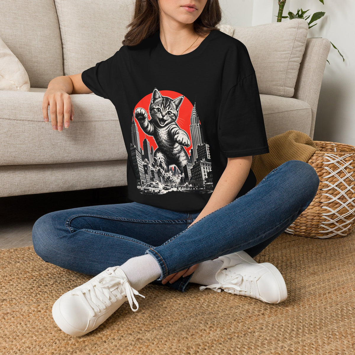 Giant Kitten Cityscape T-Shirt | Retro Red Sun Cat Tee