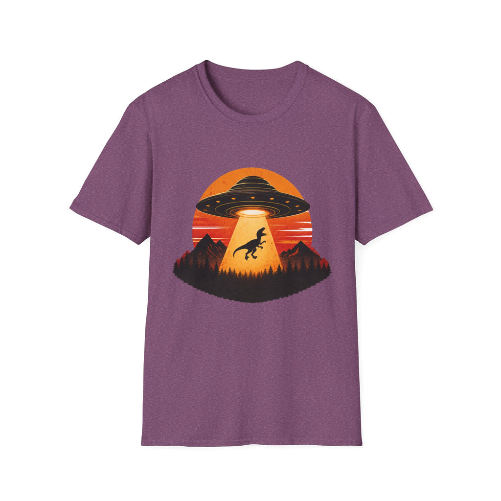 Dinosaur Abduction UFO T-Shirt | Retro Sunset Alien Beam