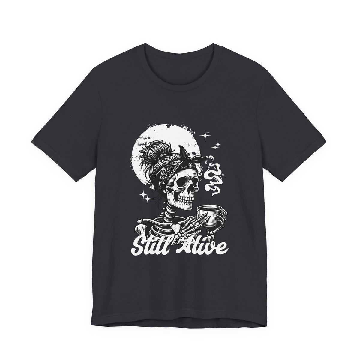 Skull Woman with Coffee Tee | Skeleton Drinking Coffee T-Shirt