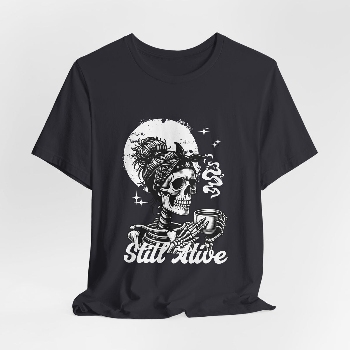 Skull Woman with Coffee Tee | Skeleton Drinking Coffee T-Shirt