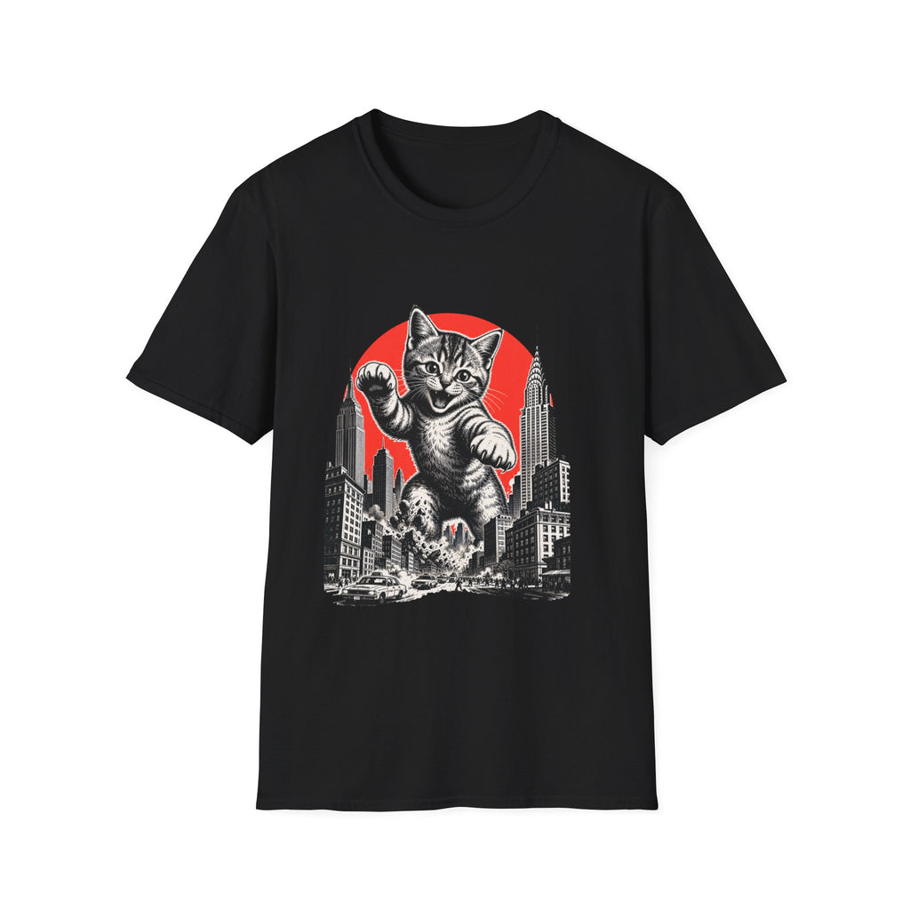 Giant Kitten Cityscape T-Shirt | Retro Red Sun Cat Tee