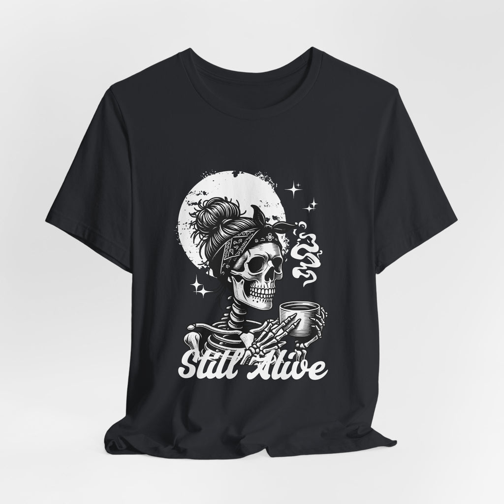 Skull Woman with Coffee Tee | Skeleton Drinking Coffee T-Shirt