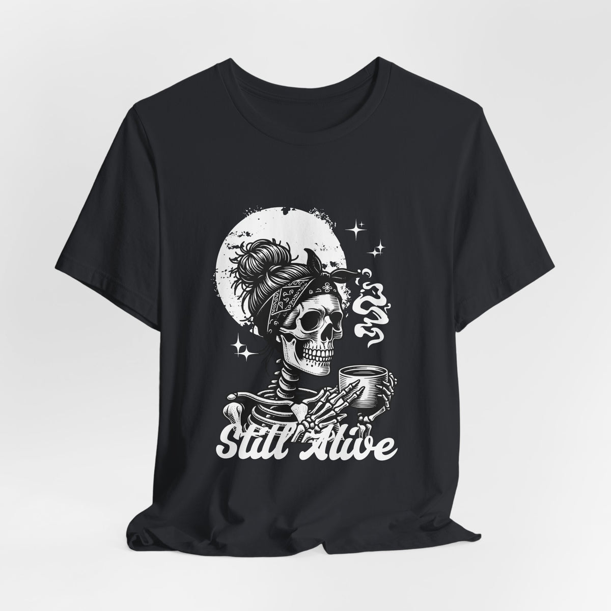 Skull Woman with Coffee Tee | Skeleton Drinking Coffee T-Shirt