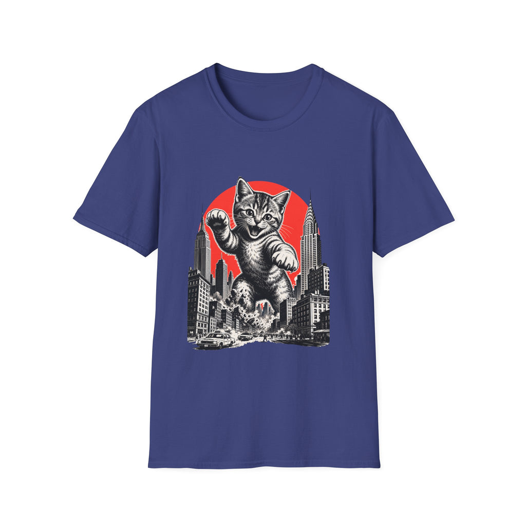 Giant Kitten Cityscape T-Shirt | Retro Red Sun Cat Tee