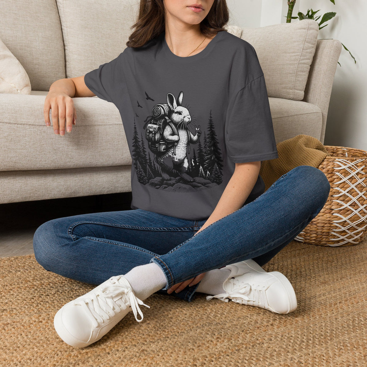 Backpacking Bunny T-Shirt | Hiking Rabbit Illustration, Forest Adventure