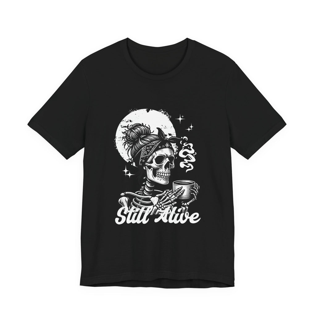 Skull Woman with Coffee Tee | Skeleton Drinking Coffee T-Shirt