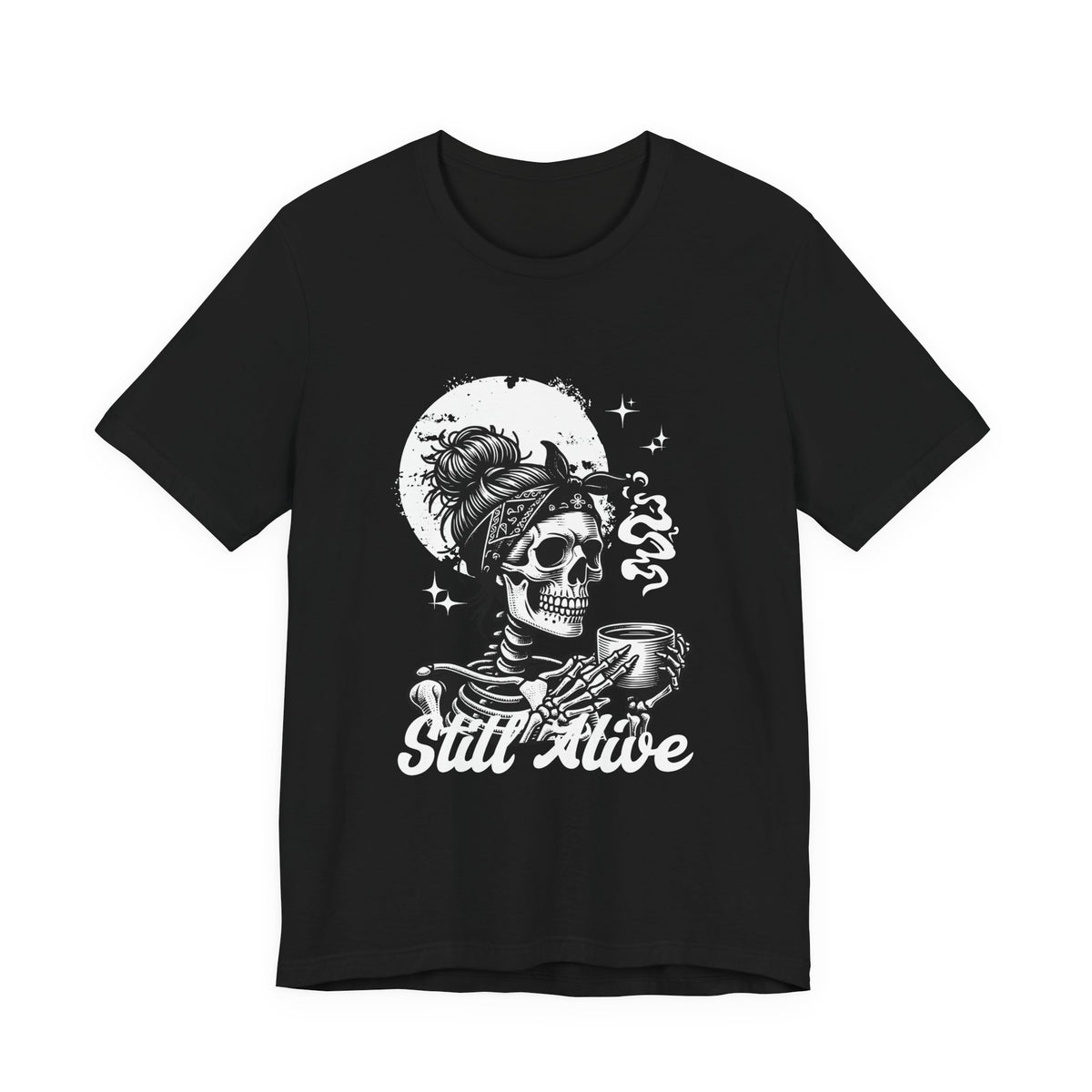 Skull Woman with Coffee Tee | Skeleton Drinking Coffee T-Shirt