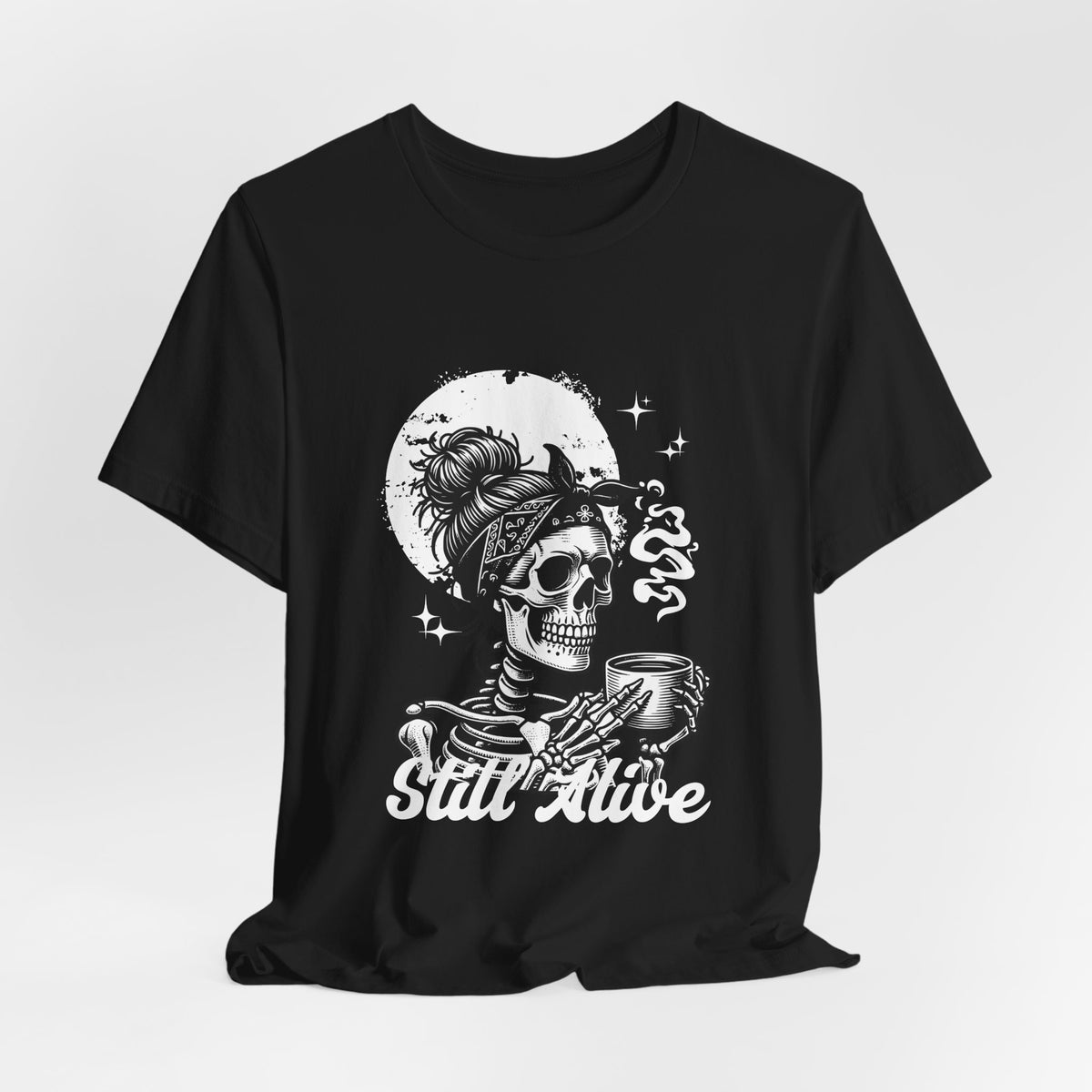 Skull Woman with Coffee Tee | Skeleton Drinking Coffee T-Shirt