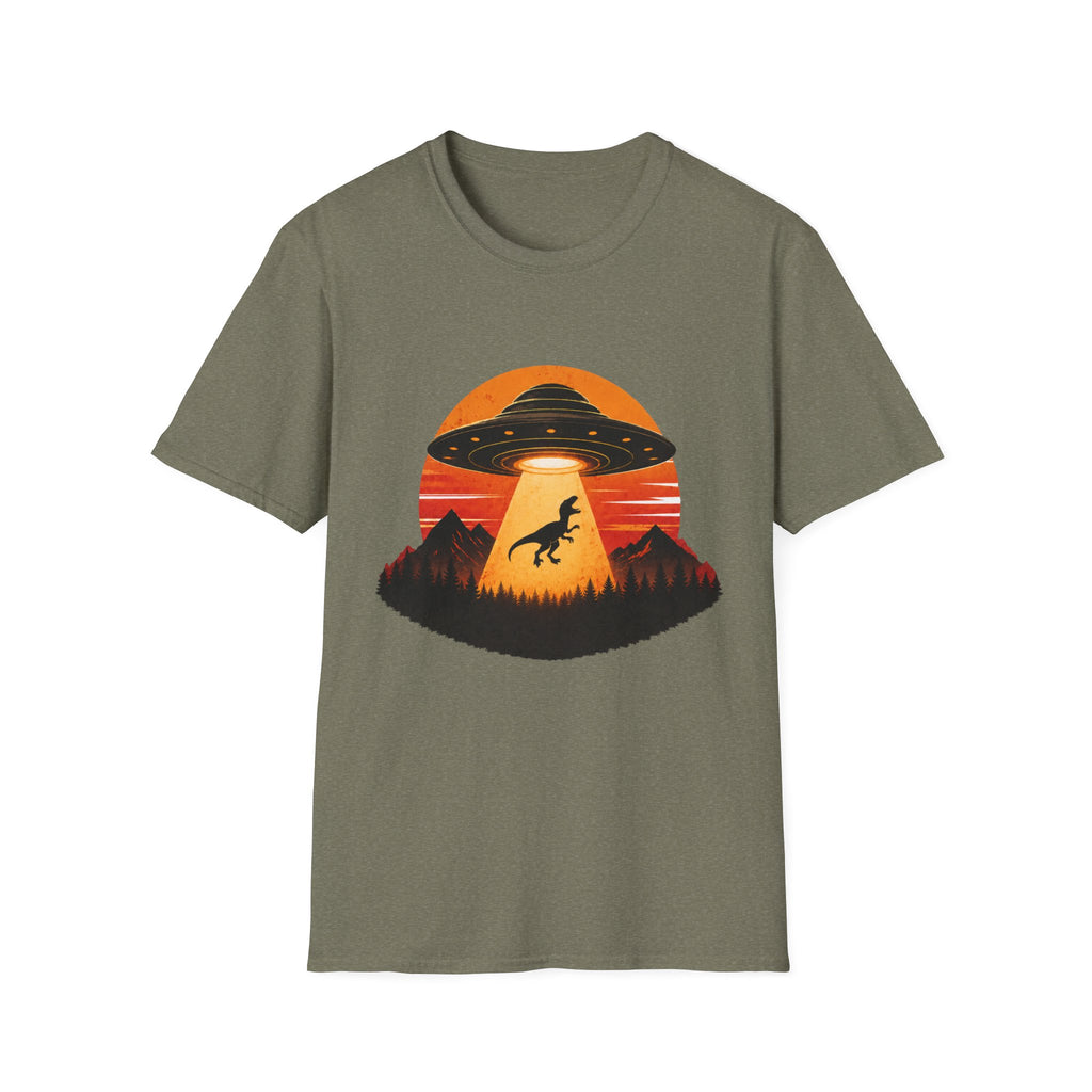 Dinosaur Abduction UFO T-Shirt | Retro Sunset Alien Beam