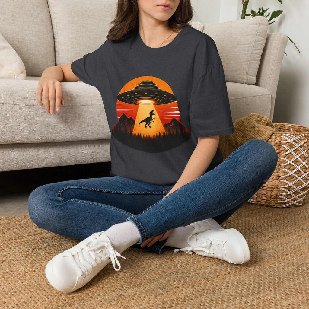 Dinosaur Abduction UFO T-Shirt | Retro Sunset Alien Beam