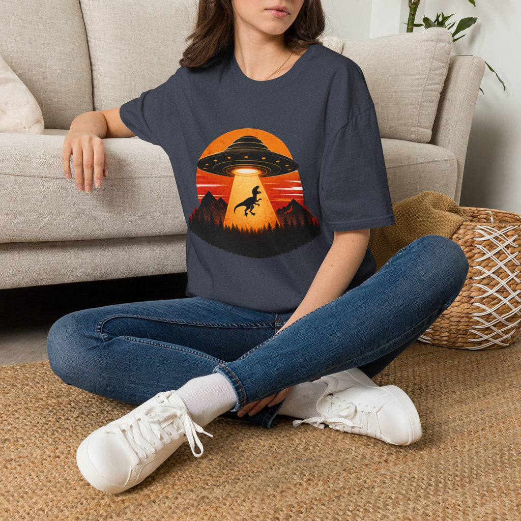 Dinosaur Abduction UFO T-Shirt | Retro Sunset Alien Beam