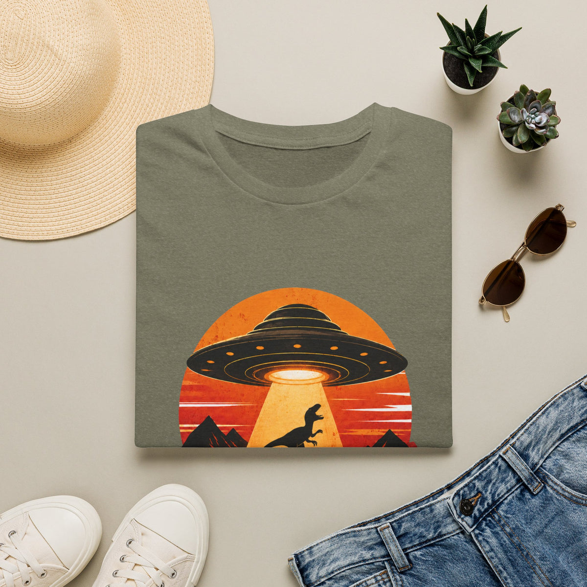 Dinosaur Abduction UFO T-Shirt | Retro Sunset Alien Beam