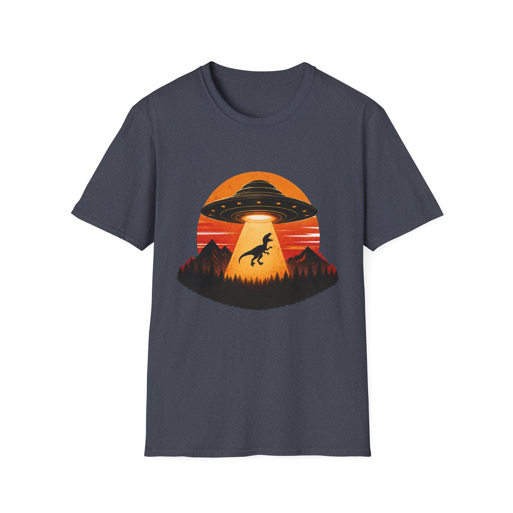 Dinosaur Abduction UFO T-Shirt | Retro Sunset Alien Beam