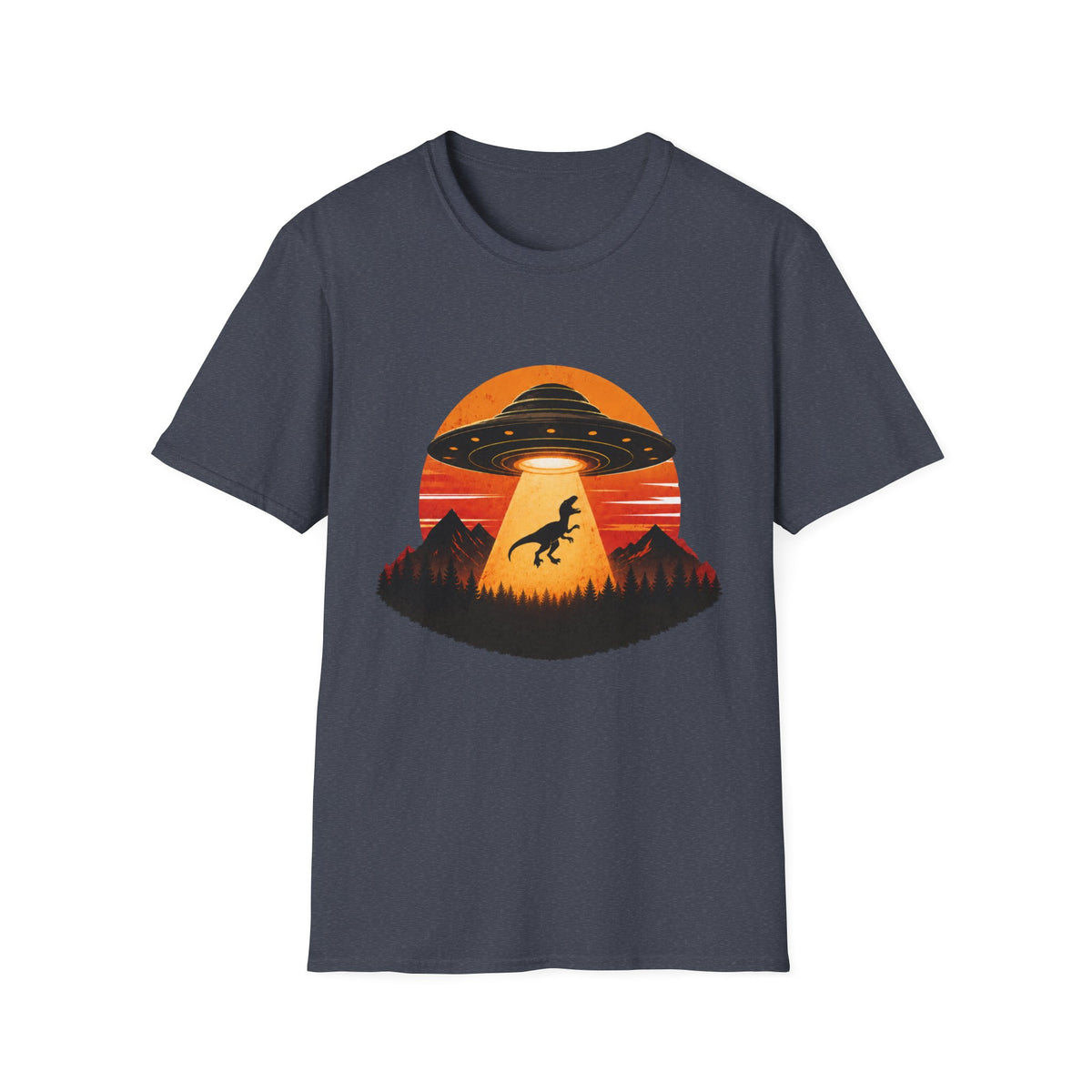 Dinosaur Abduction UFO T-Shirt | Retro Sunset Alien Beam