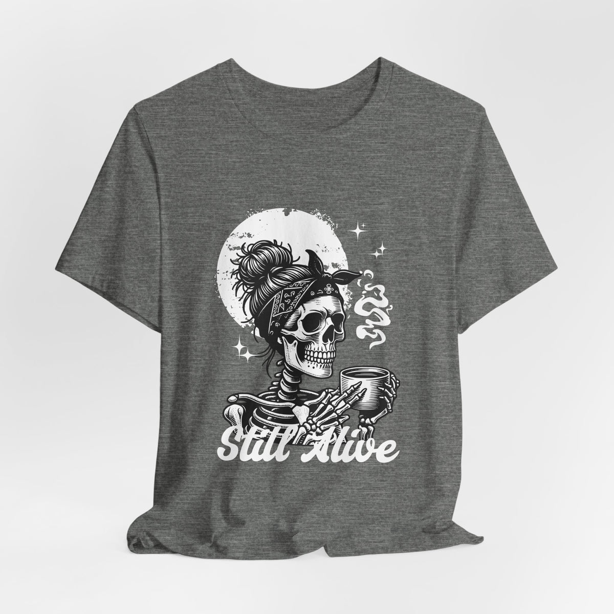 Skull Woman with Coffee Tee | Skeleton Drinking Coffee T-Shirt
