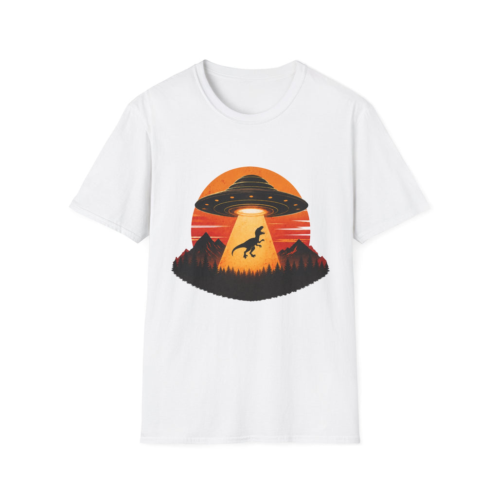 Dinosaur Abduction UFO T-Shirt | Retro Sunset Alien Beam