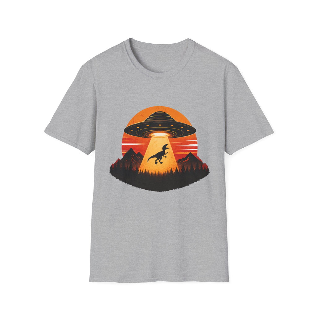Dinosaur Abduction UFO T-Shirt | Retro Sunset Alien Beam