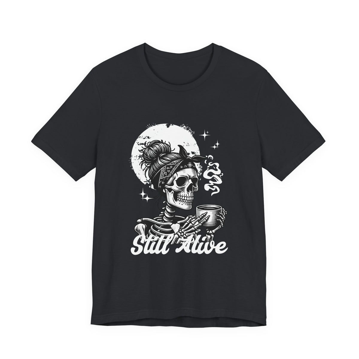 Skull Woman with Coffee Tee | Skeleton Drinking Coffee T-Shirt