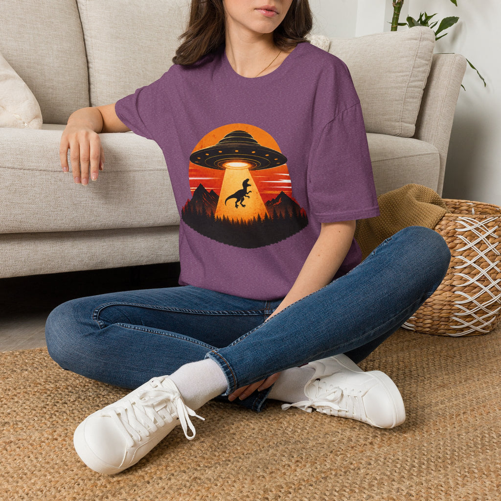 Dinosaur Abduction UFO T-Shirt | Retro Sunset Alien Beam