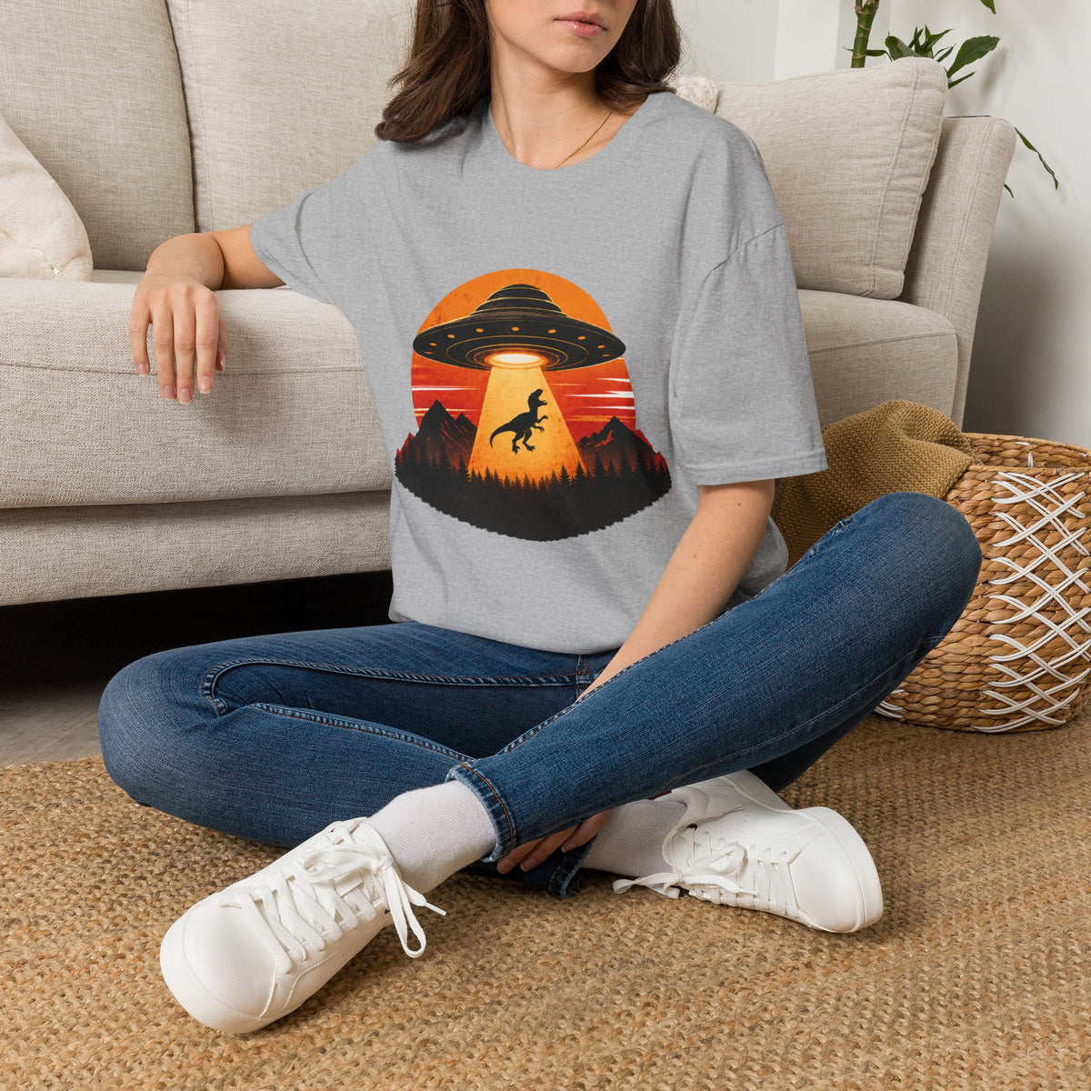 Dinosaur Abduction UFO T-Shirt | Retro Sunset Alien Beam