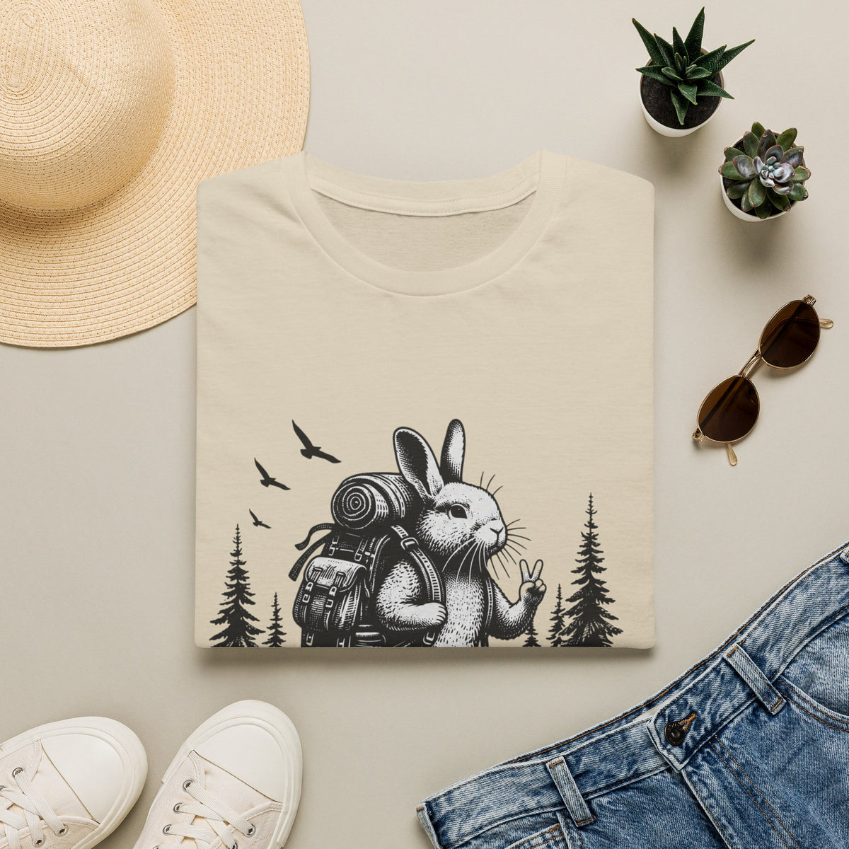 Backpacking Bunny T-Shirt | Hiking Rabbit Illustration, Forest Adventure