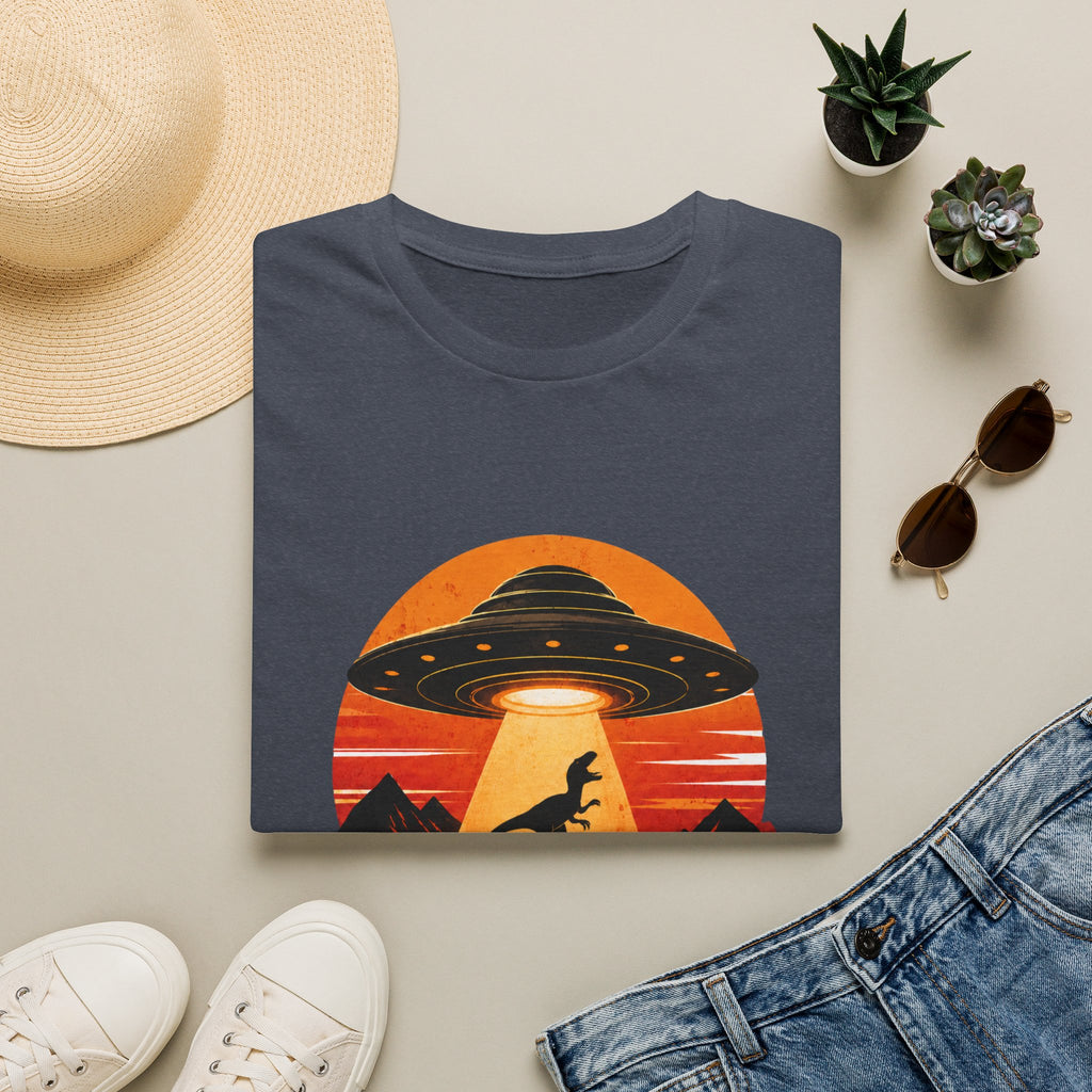 Dinosaur Abduction UFO T-Shirt | Retro Sunset Alien Beam