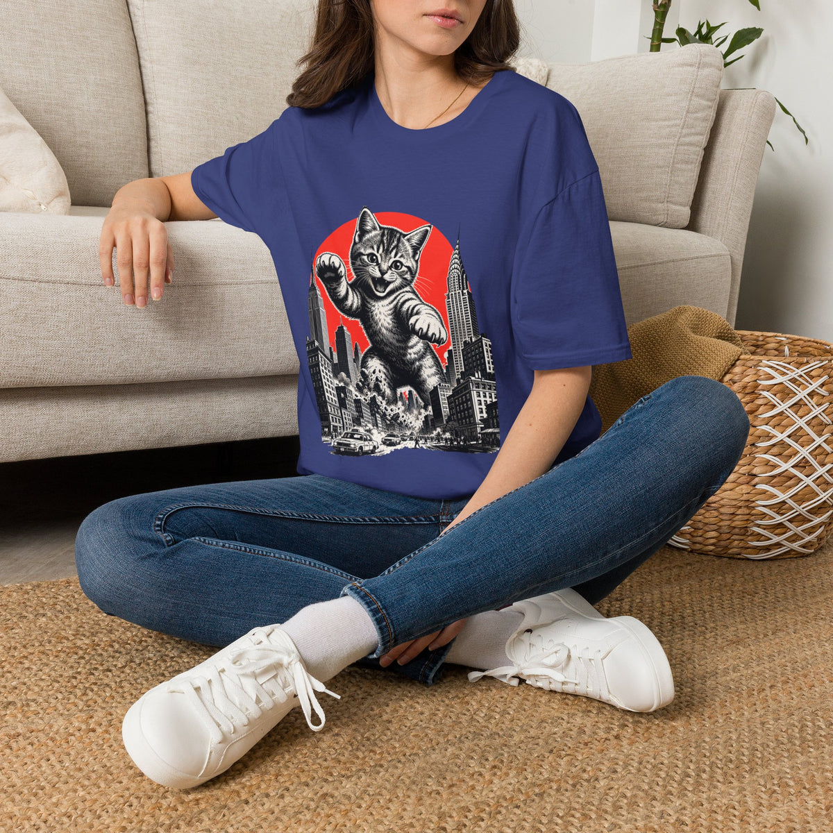 Giant Kitten Cityscape T-Shirt | Retro Red Sun Cat Tee