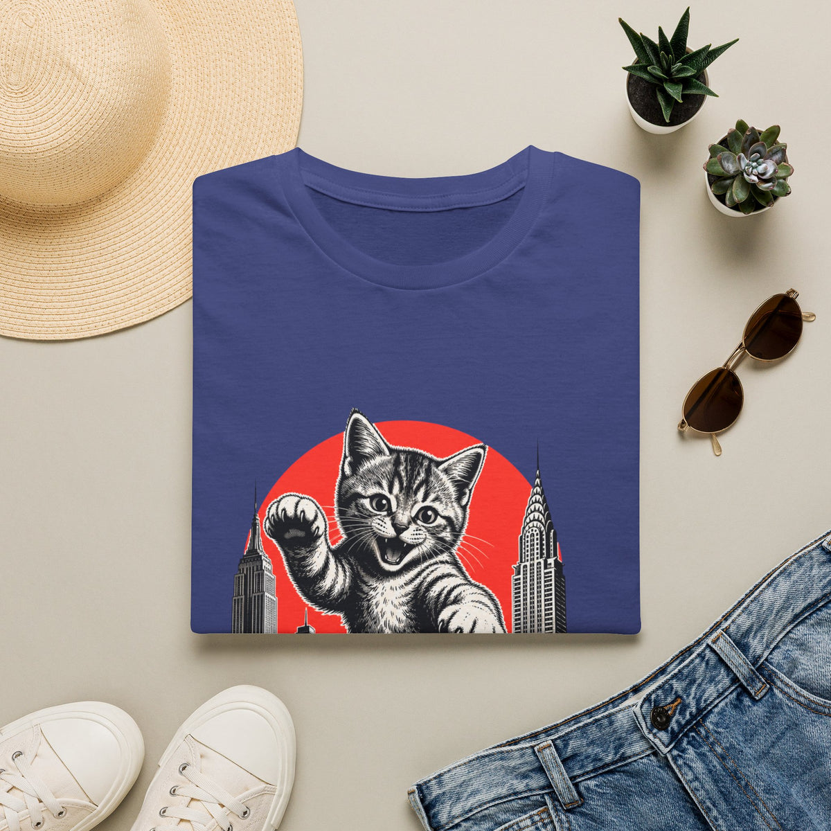 Giant Kitten Cityscape T-Shirt | Retro Red Sun Cat Tee