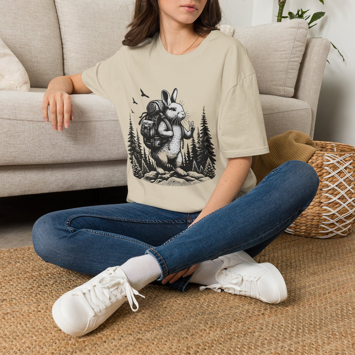 Backpacking Bunny T-Shirt | Hiking Rabbit Illustration, Forest Adventure