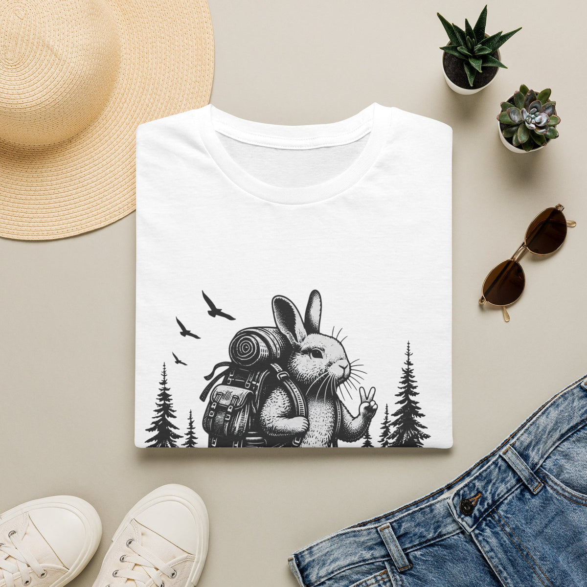 Backpacking Bunny T-Shirt | Hiking Rabbit Illustration, Forest Adventure