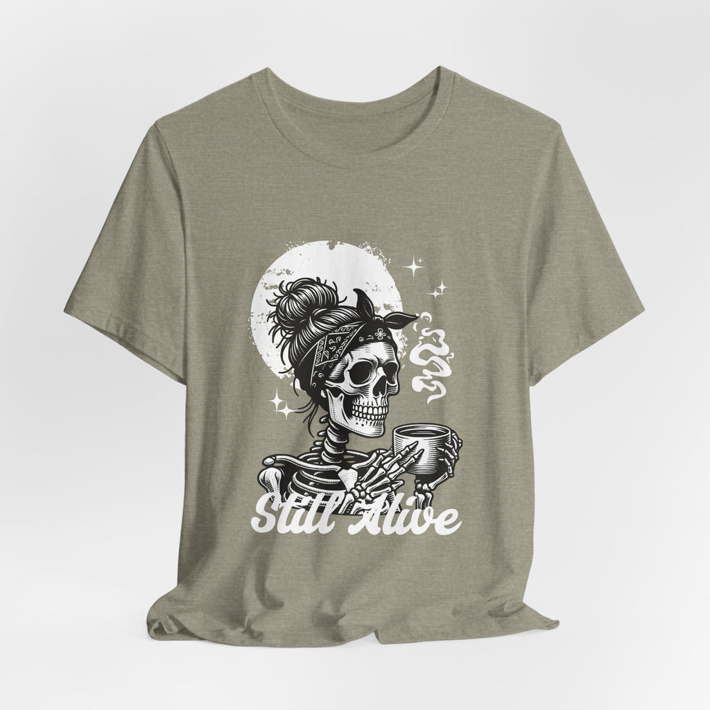 Skull Woman with Coffee Tee | Skeleton Drinking Coffee T-Shirt