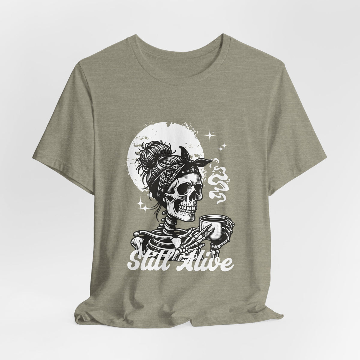 Skull Woman with Coffee Tee | Skeleton Drinking Coffee T-Shirt