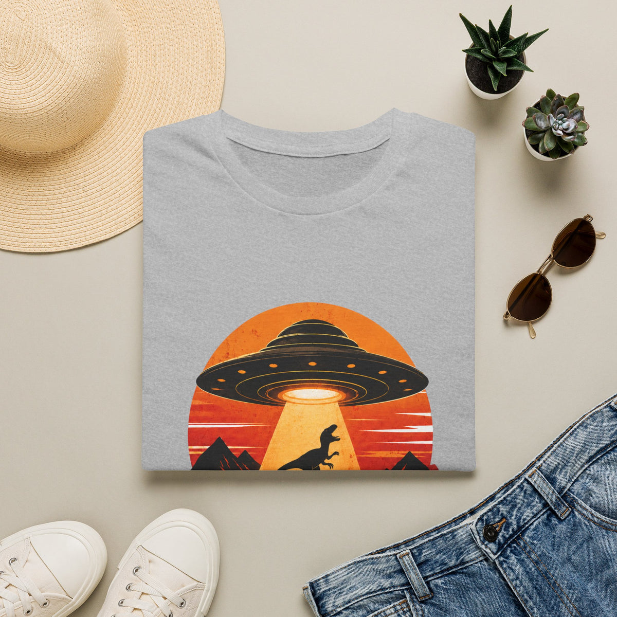 Dinosaur Abduction UFO T-Shirt | Retro Sunset Alien Beam