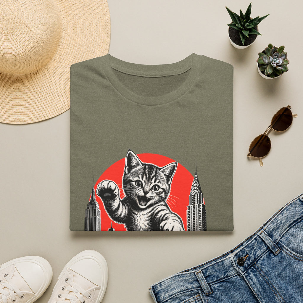Giant Kitten Cityscape T-Shirt | Retro Red Sun Cat Tee