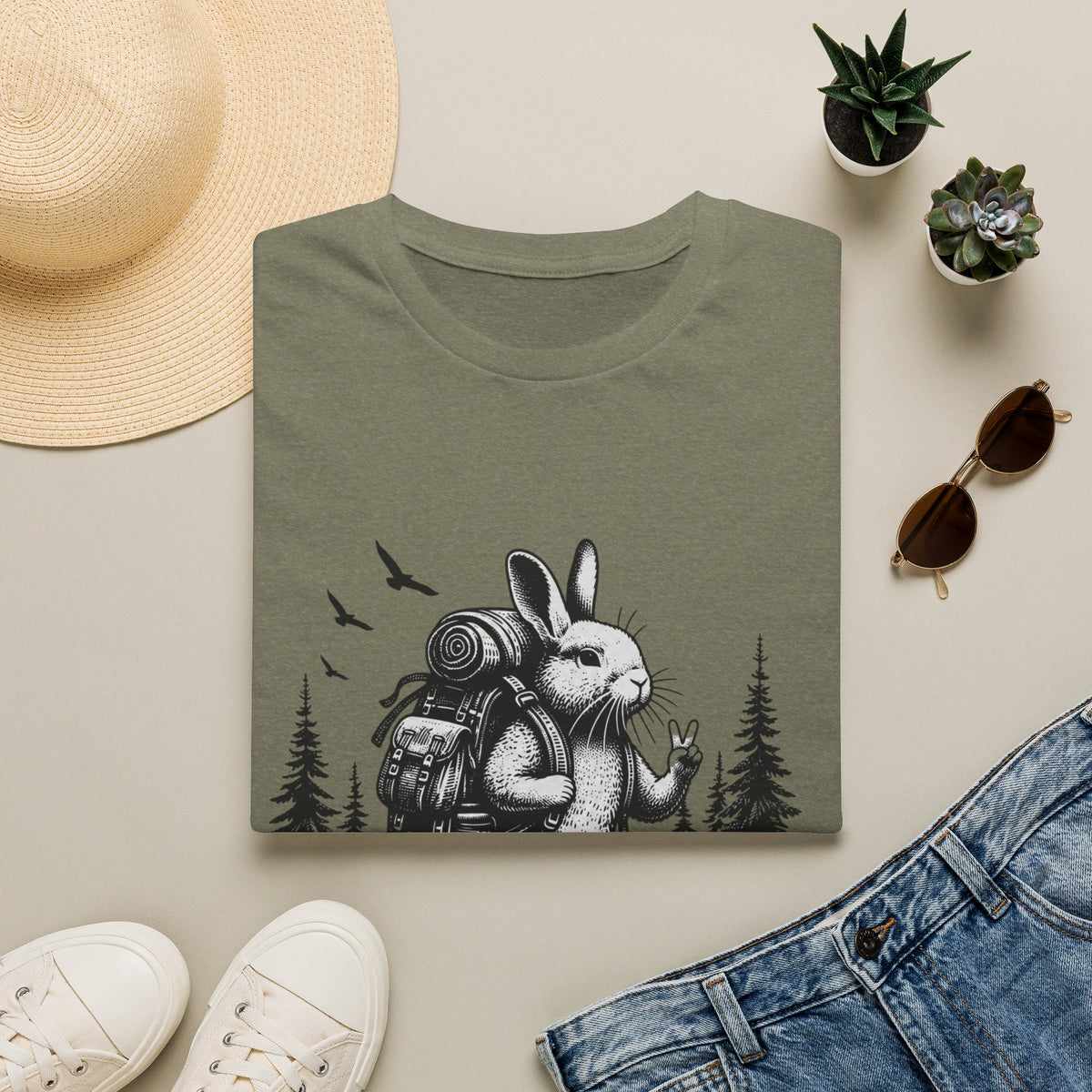 Backpacking Bunny T-Shirt | Hiking Rabbit Illustration, Forest Adventure