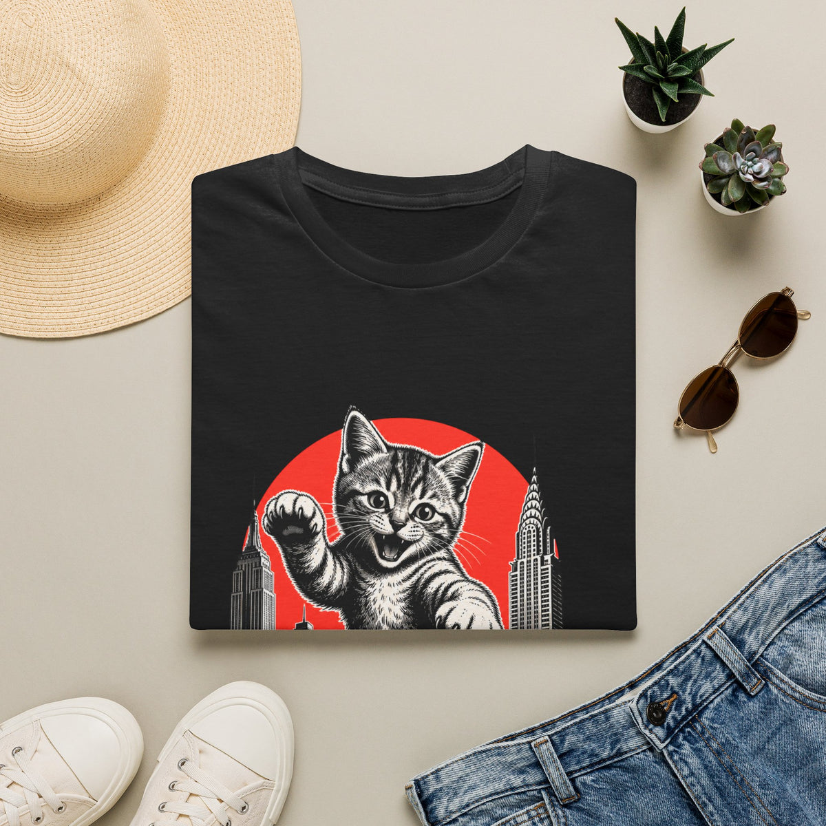 Giant Kitten Cityscape T-Shirt | Retro Red Sun Cat Tee