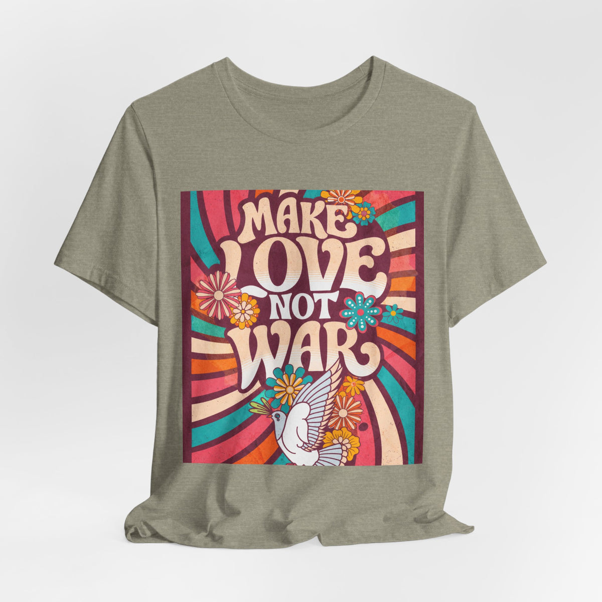 Make Love Not War Tee | Retro 70s Hippie Peace Dove Floral Design