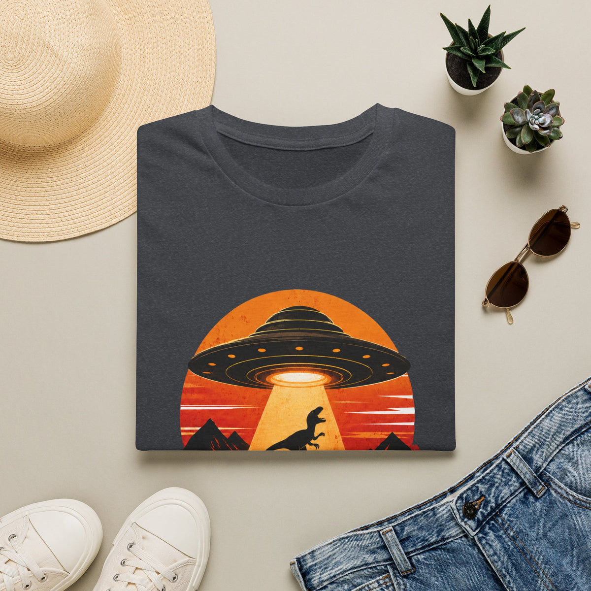 Dinosaur Abduction UFO T-Shirt | Retro Sunset Alien Beam