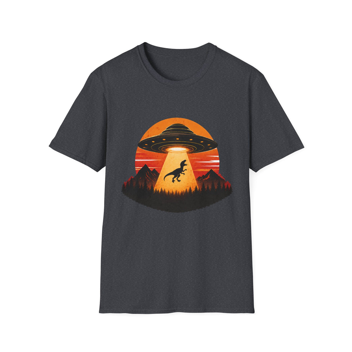 Dinosaur Abduction UFO T-Shirt | Retro Sunset Alien Beam