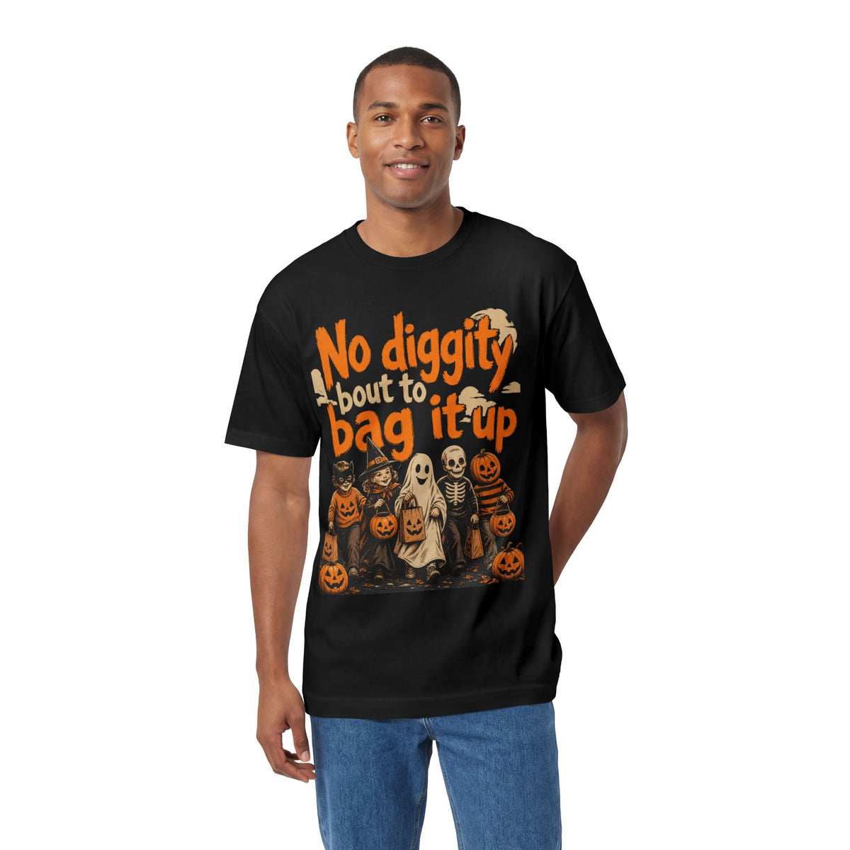 Halloween Tee — "No Diggity 'Bout to Bag It Up" Vintage Pumpkin & Kids Costume Shirt