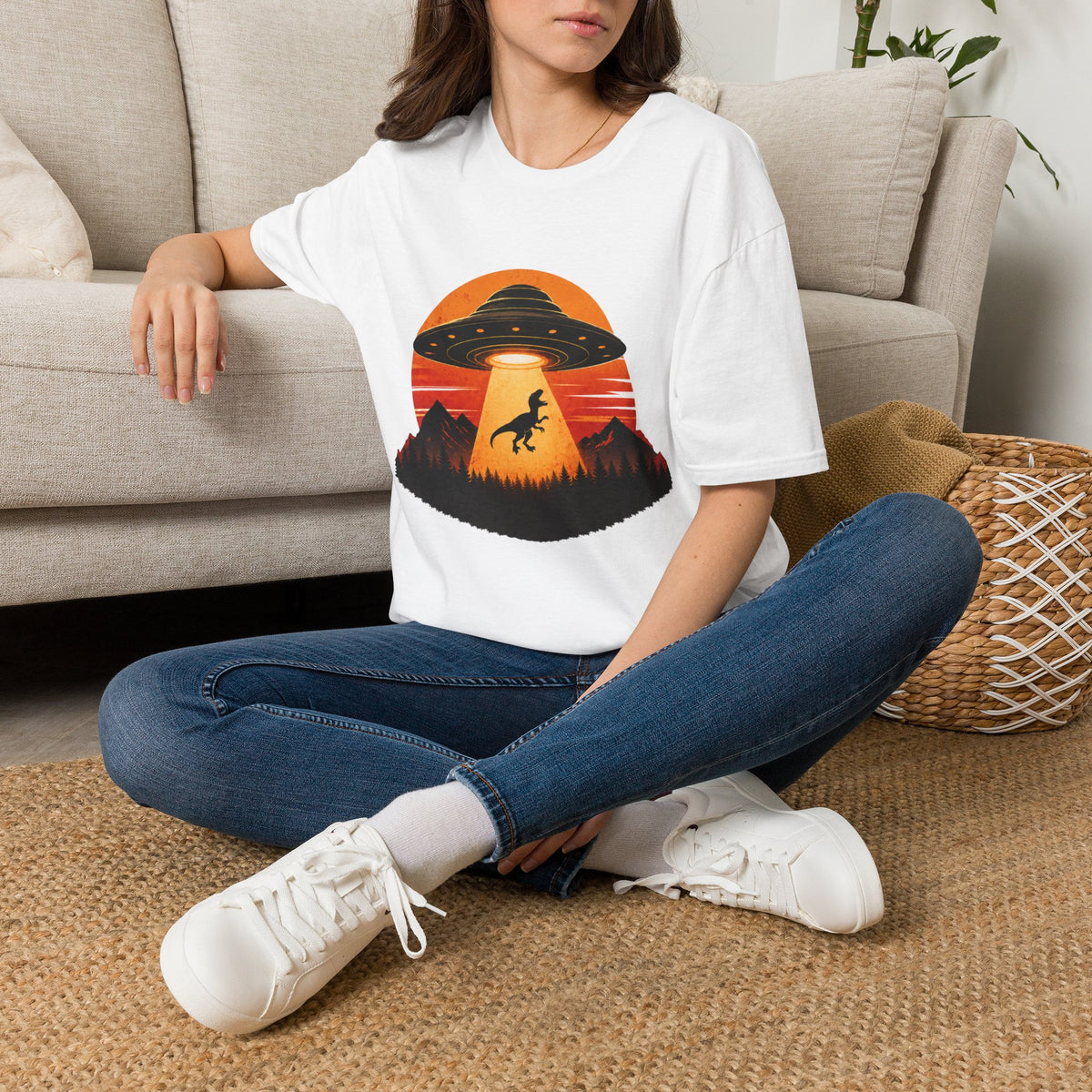 Dinosaur Abduction UFO T-Shirt | Retro Sunset Alien Beam