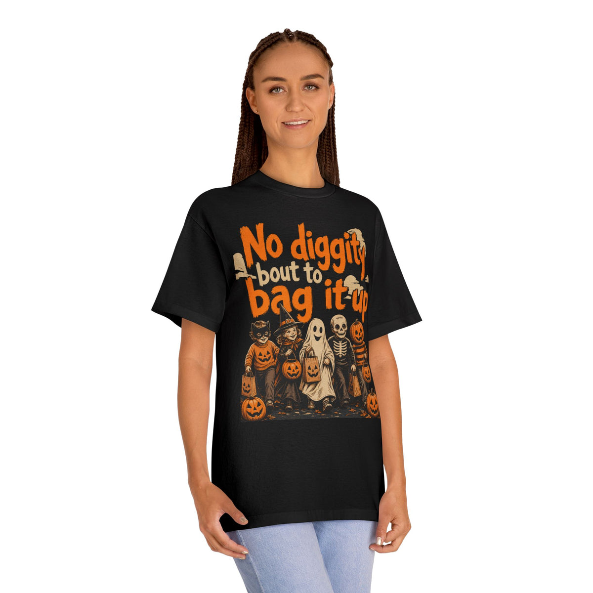 Halloween Tee — "No Diggity 'Bout to Bag It Up" Vintage Pumpkin & Kids Costume Shirt
