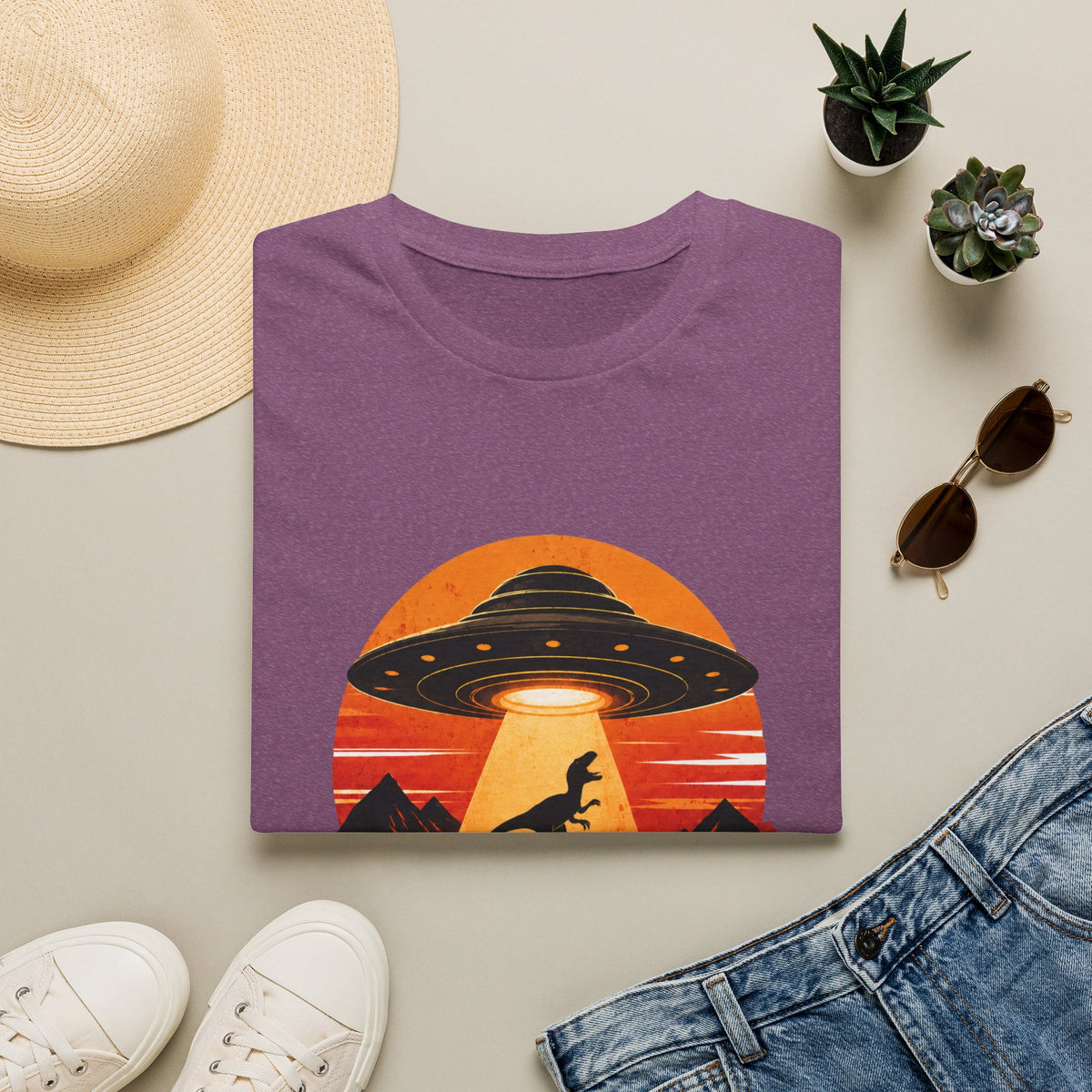 Dinosaur Abduction UFO T-Shirt | Retro Sunset Alien Beam